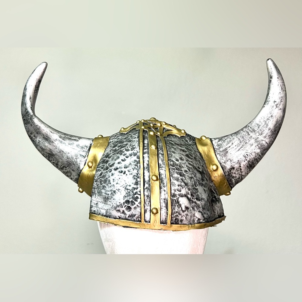 Vegan leather costume Viking helmet with horns. Black and silver.